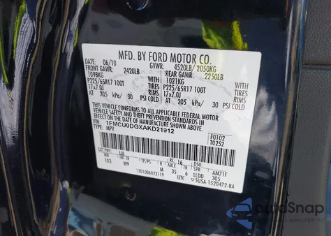 2010 Ford Escape Xlt from USA, damaged, VIN 1FMCU0DGXAKD21912